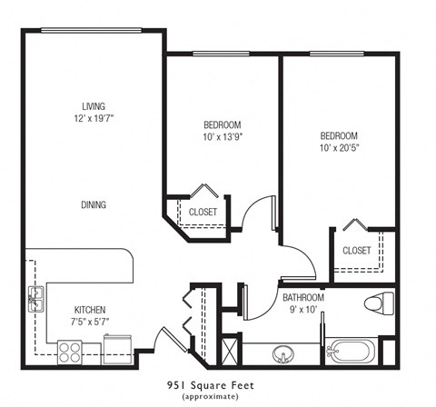 Floor plan for 2 beds, 1 bath, 988 sqft